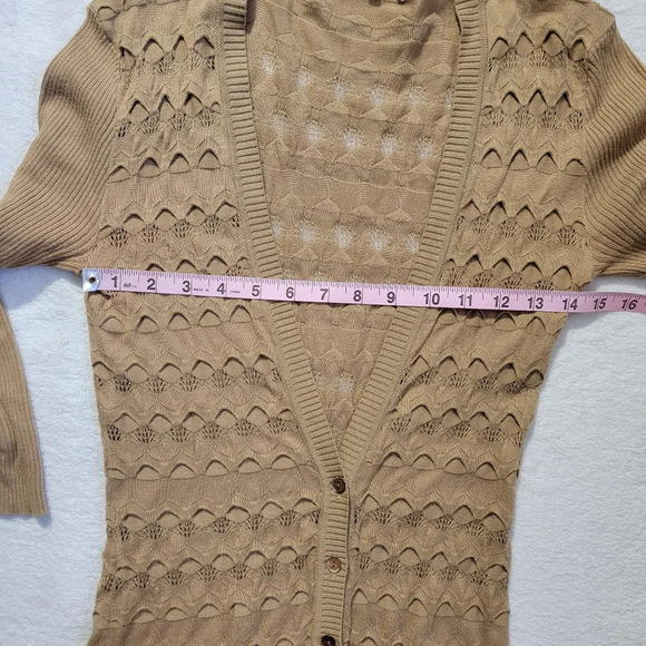 Trina Turk Tan Lightweight Knit V Neck Cardigan Layering 3/4 Sleeves Buttons S - Picture 10 of 11